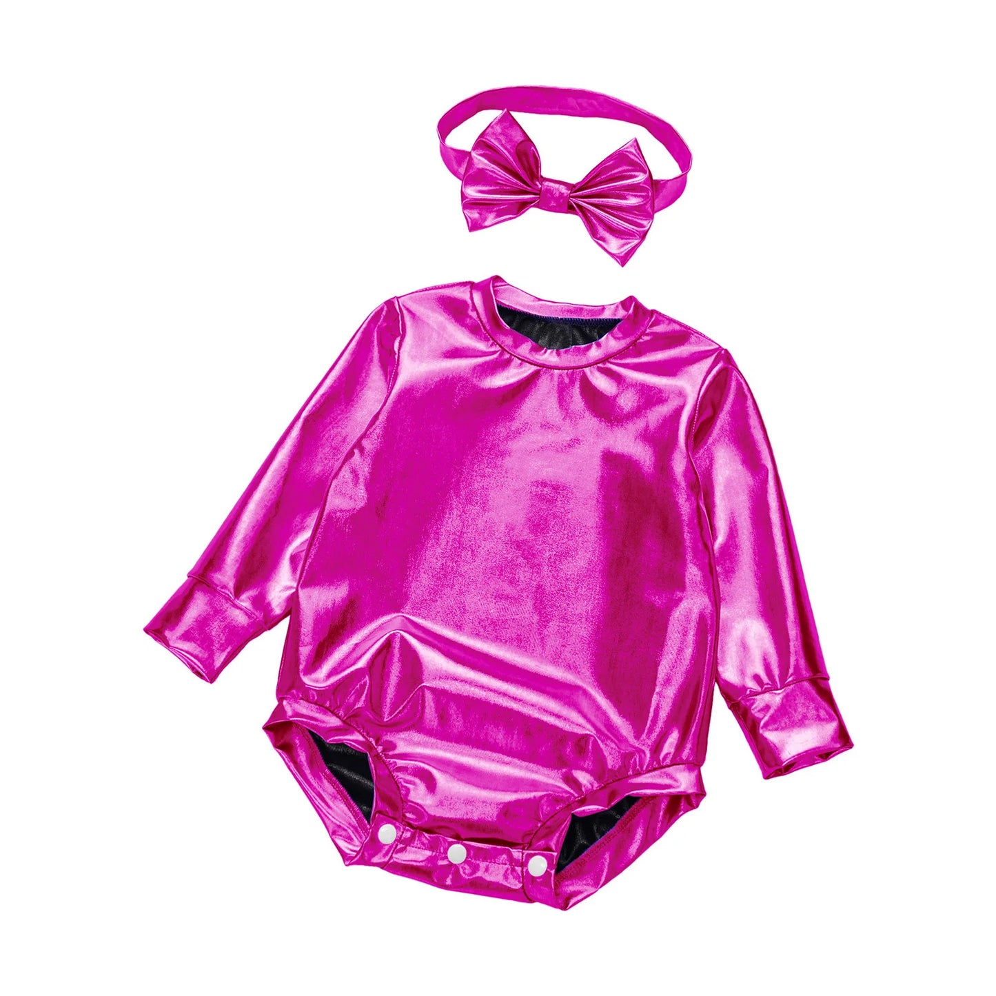 Baby Girls Long Sleeve Metallic Shiny Buttons Crotch Romper with Bow Headband Birthday Theme Party Photography Outfit Daily Wear