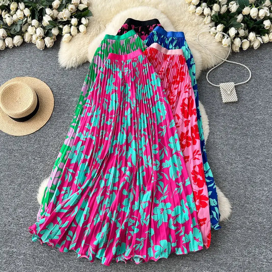 Floral Print Pleated Long Skirt Women Spring Summer Autumn Elastic High Waisted Dance Party Beach Maxi Skirt Work 2026 New