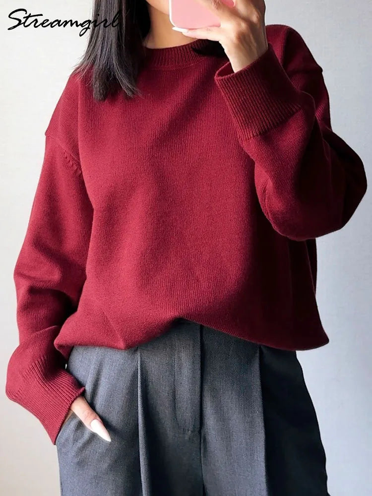 Oversize Burgundy Womens O Neck Knitwear Sweater Warm Winter Pullover