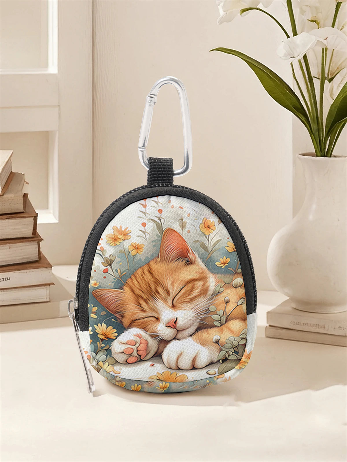 Cat pattern printed mini wallet, lightweight zipper change bag with hook clip, headphone key bag, suitable for both men and wome