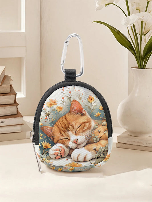 Cat pattern printed mini wallet, lightweight zipper change bag with hook clip, headphone key bag, suitable for both men and wome