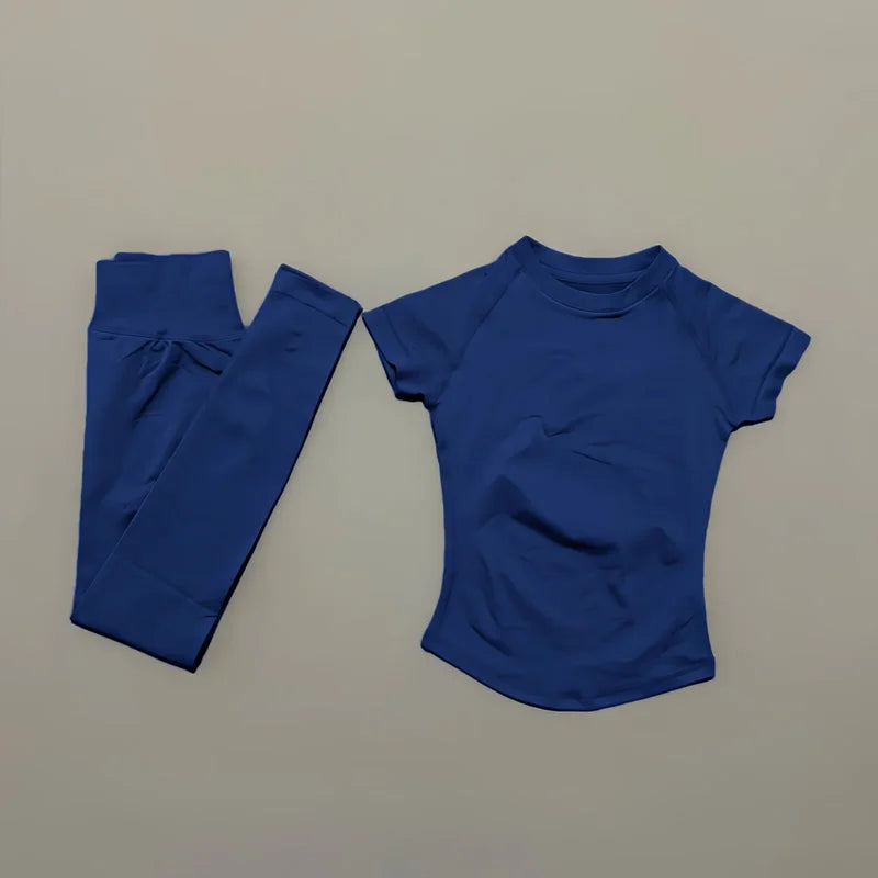 2 Pieces HISTELLO Yoga Set Women Short Sleeve Crop Top Low Waist Butt Lifter Leggings Seamless Breathable Stretch Fitness Sets