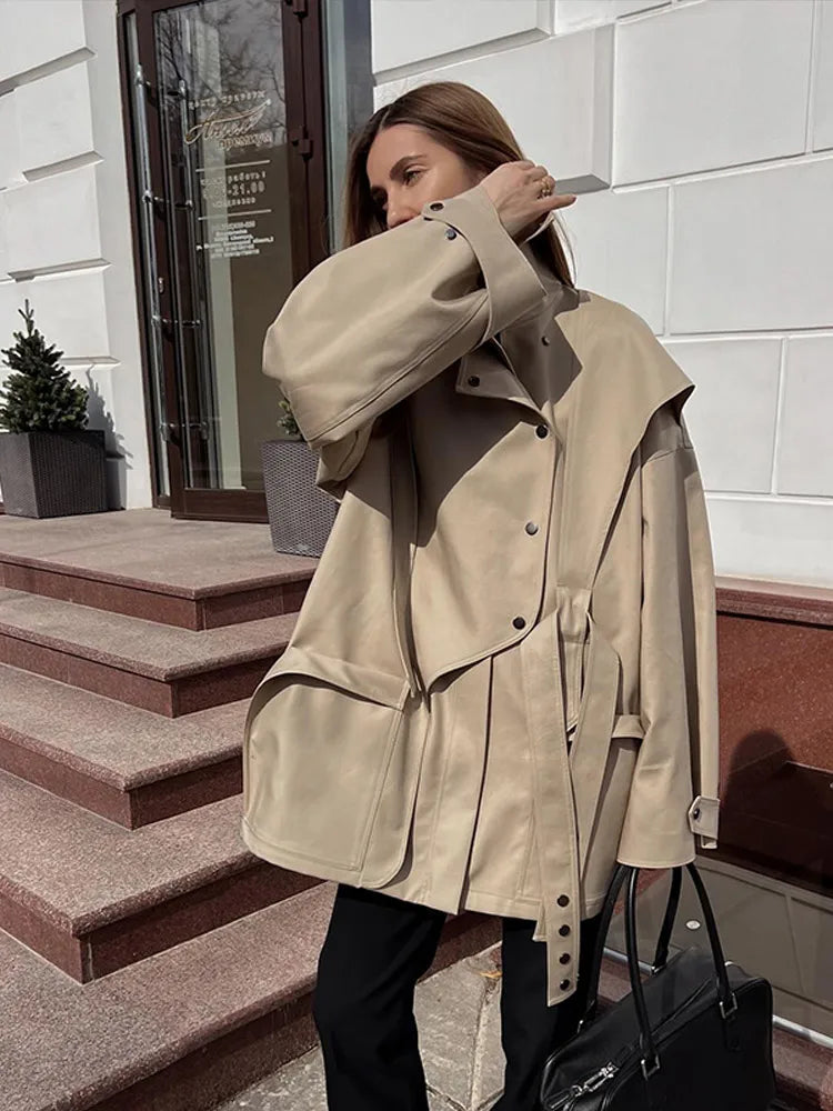 Solid Oversized Tie-waist Cropped Trench Coat Women Drop Shoulder Outerwear 2026 Lady Spring Modern Edgy Fashion Streetwear Coat