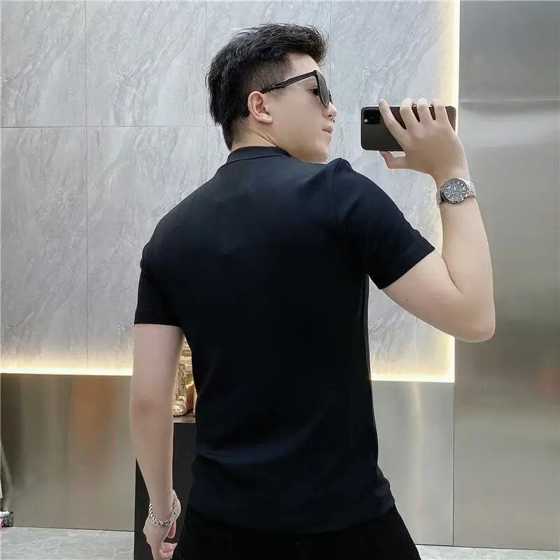 Luxury Rhinestone Summer Men's T-shirt Slim Fit Short Sleeve Casual T-shirt Male Round Neck Business Social Tee Top Men Clothing