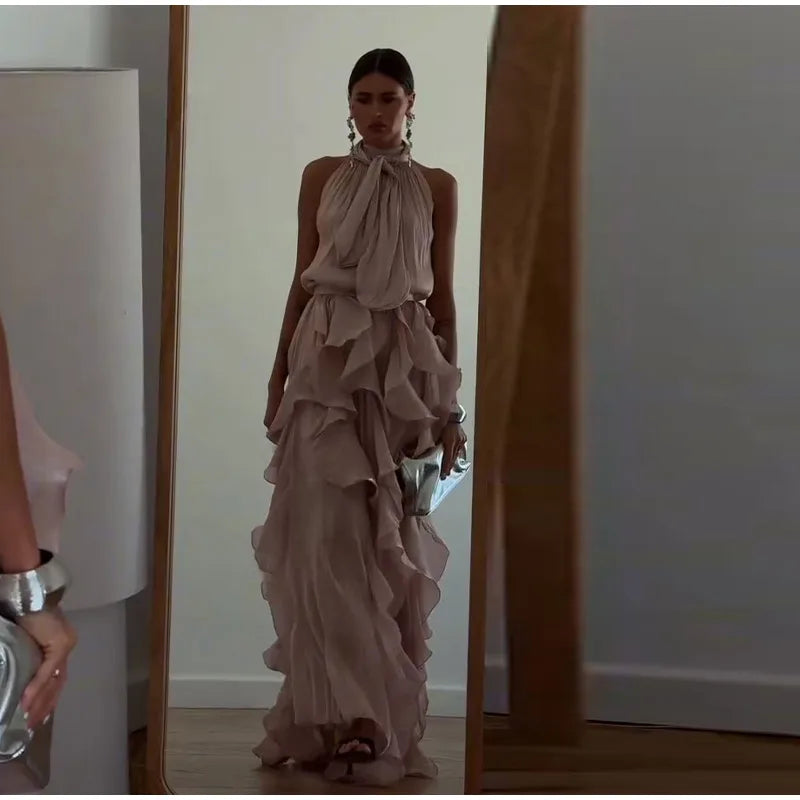 Sexy Cascading Ruffle Pleated Women Long Dress Fashion Lace Up Sleeveless Empire Female Dresses 2026 Spring Summer Lady Robe New