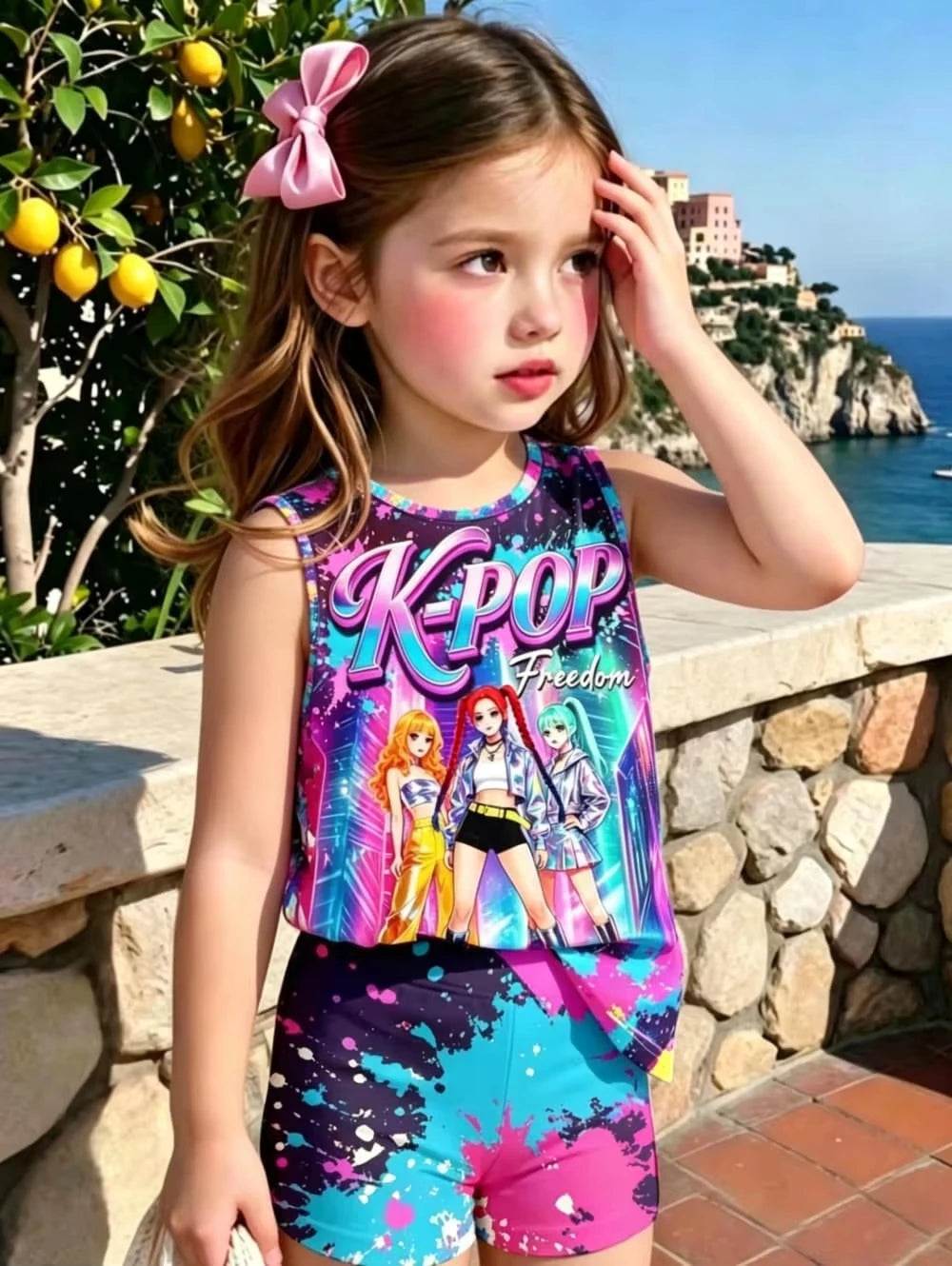 Kids Clothes Girls 2-Piece K-Pop Star Print Tank Top T-Shirt & Shorts Set Casual Streetwear Summer Daily Outfit Girls Clothes