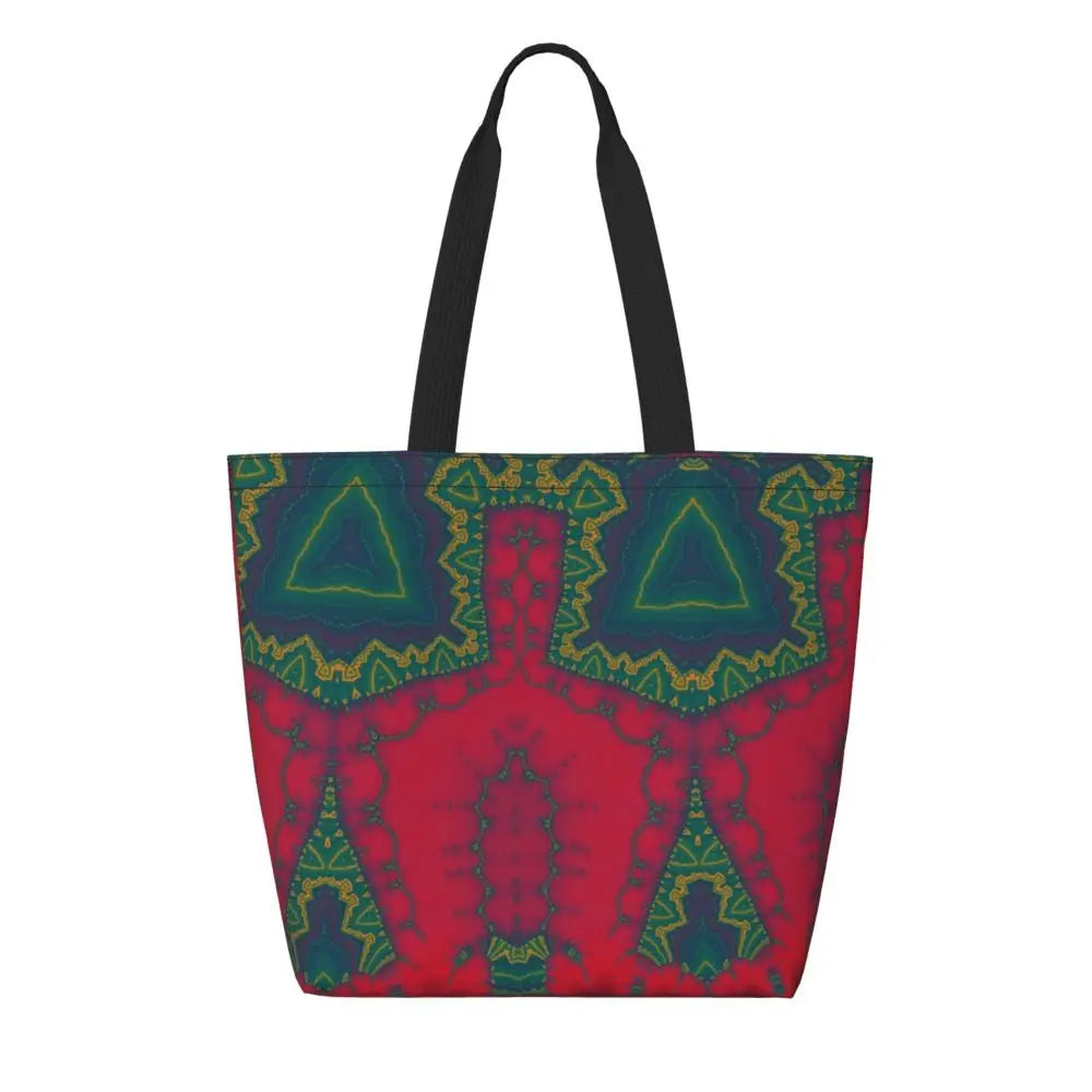 African Ankara Prints Grocery Shopping Tote Bags Women Geometric Ethnic Art Canvas Shoulder Shopper Bags Big Capacity Handbag