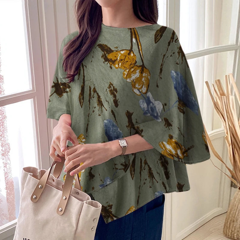 ZANZEA Women Fashion Blouse Chic 3/4 Sleeve Ruffle Hem Top Shirt 2025 Summer Round Neck Loose Blusa Elegant Irregular Work Tunic