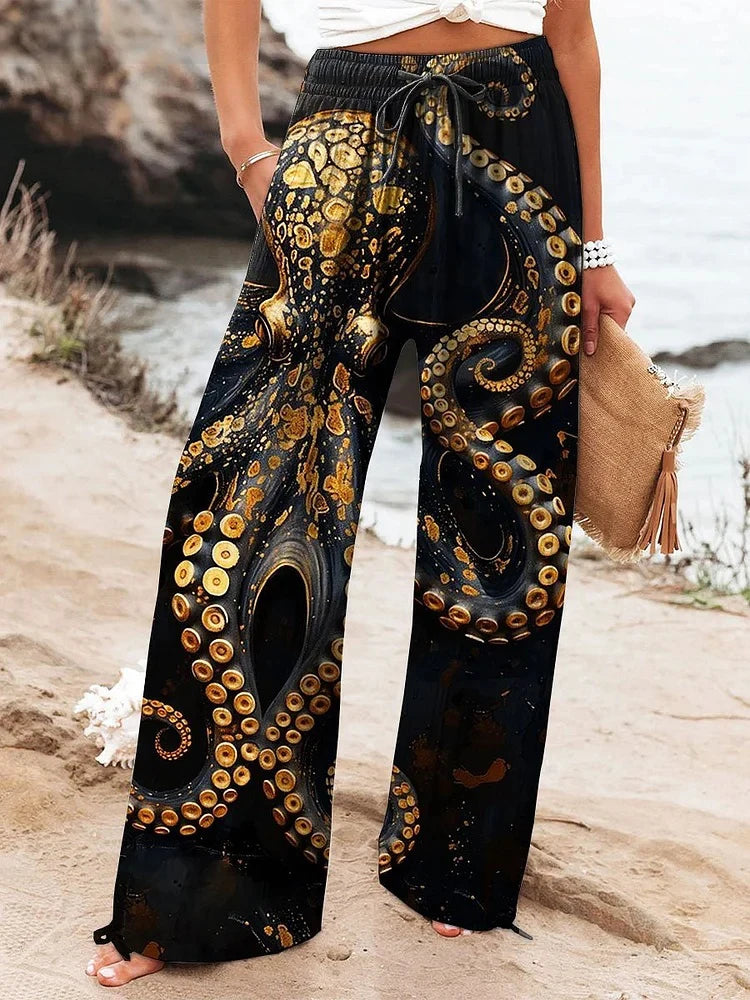 2025 New Women's Drawstring Relaxed-Fit Casual Pants 3D Floral Print Comfortable Breathable Fashionable Wide-Leg Pants
