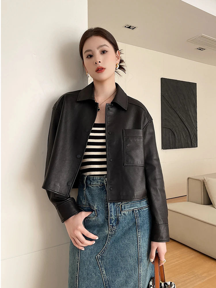 Casual Black Natural Sheepskin Coats for Women Spring Autumn 2026 New Trend High-end Simple Soft Short Genuine Leather Jacket