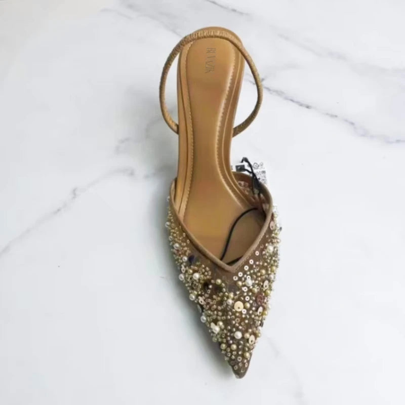 Brand High Heeled Formal Party Shoes for Lady Luxury Sequin Pearl Stiletto Elengat Mesh Slingbacks 2026 Women Modern Sandals