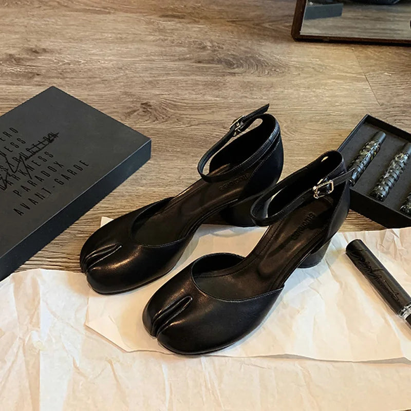 Brand Designer Tabi ninja high heels shoes woman ankle strap silver crack leather pumps split toe D'orsay mary janes shoes woman