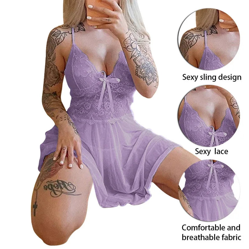Sexy Sleepwear Women's Nightgowns Dress Through Lace Sexy Lingerie Night Dress Women Underwear Party Nightie 3XL