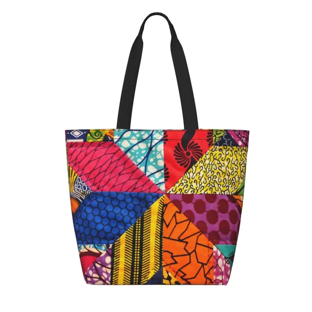 African Ankara Prints Grocery Shopping Tote Bags Women Geometric Ethnic Art Canvas Shoulder Shopper Bags Big Capacity Handbag