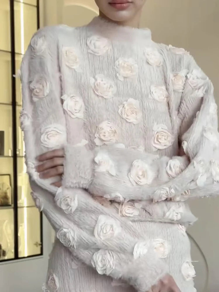 Knitting 3D Flower Tops Long Skirts Sets Women Elegant Lantern Sleeve Top Suit With Hip Package Skirt Lady 2025 Spring Outfits