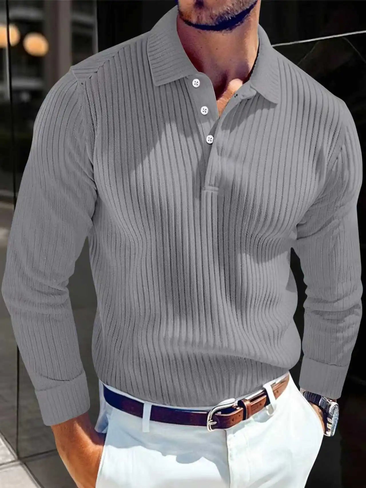 2025 Spring and Autumn New Men Solid Color Striped Button Knitted Collar Long Sleeve Top Business Casual Breathable Polo Shirt