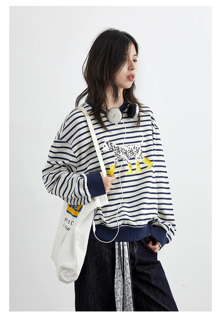 CHIC VEN New Women T-Shirts Loose Casual Round Neck Striped Dog Print Long Sleeved Female Tees Pullover Autumn Winter 2025