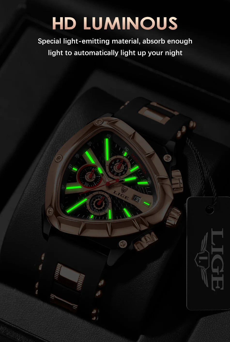 LIGE Sports Triangle Mens Watches Luminous Pointers Fashion Rubber Strap Military Irregular Quartz Wristwatch Waterproof  Watch