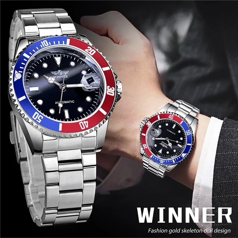 Classic Mechanical Watches Luxury Brand Business Automatic Watch for Men Rotatable Bezel Luminous Dial Steel Strap Clock