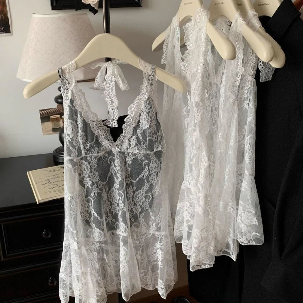 Fashion Transparent Lace Halter Dress V-neck Beachwear Lace-up Short Skirts A-line Spicy Girl Style Dresses Women Club