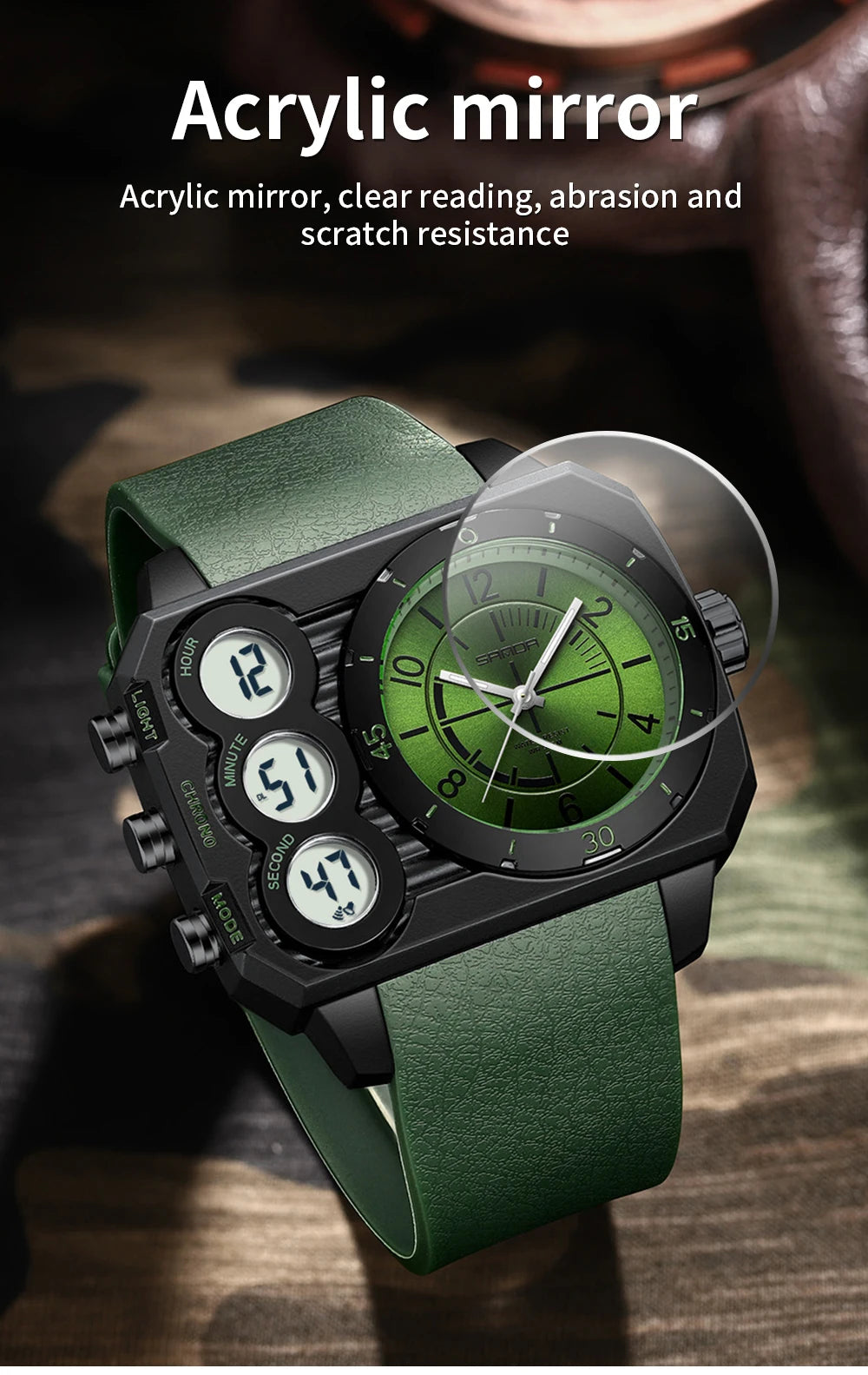 SANDA Men Watch Square Big Dial Waterproof Double Display Wristwatch Man Chronograph Digital Clock Men's Military Quartz Watches