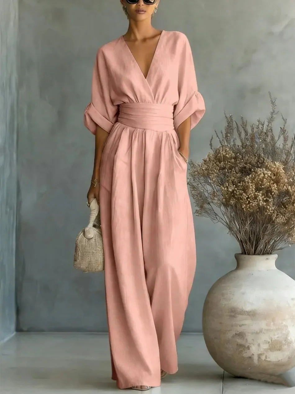 Women's Jumpsuit Fashion High Waist V-neck Casual Jumpsuits Sexy Solid Color Office Wide Leg Trousers Overalls Vacation Outfit
