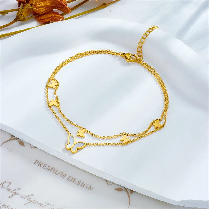 DIEYURO 316L Stainless Steel 2-Layer Butterfly Charm Anklets For Women Girl New Fashion Leg Chain Non-fading Jewelry Gift Party