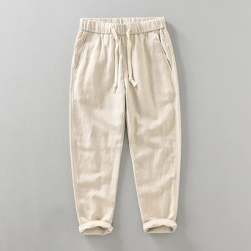 Men's Casual Harem Pants: Ankle-Length Linen Trousers in Vintage White, Brown, and Khaki - Breathable and Pleated for Comfort