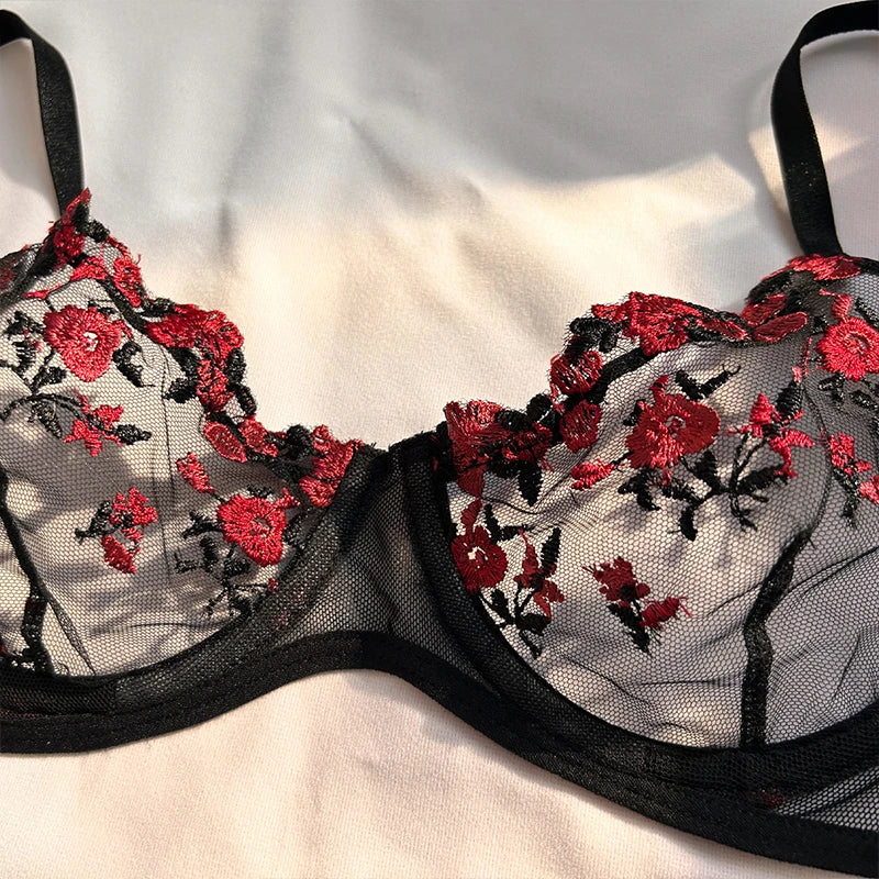 Sexy Underwear For Women Transparent Embroidered Small Flowers Bra Hot Lingerie Panties Intimates Woman Two Piece Set Clothing