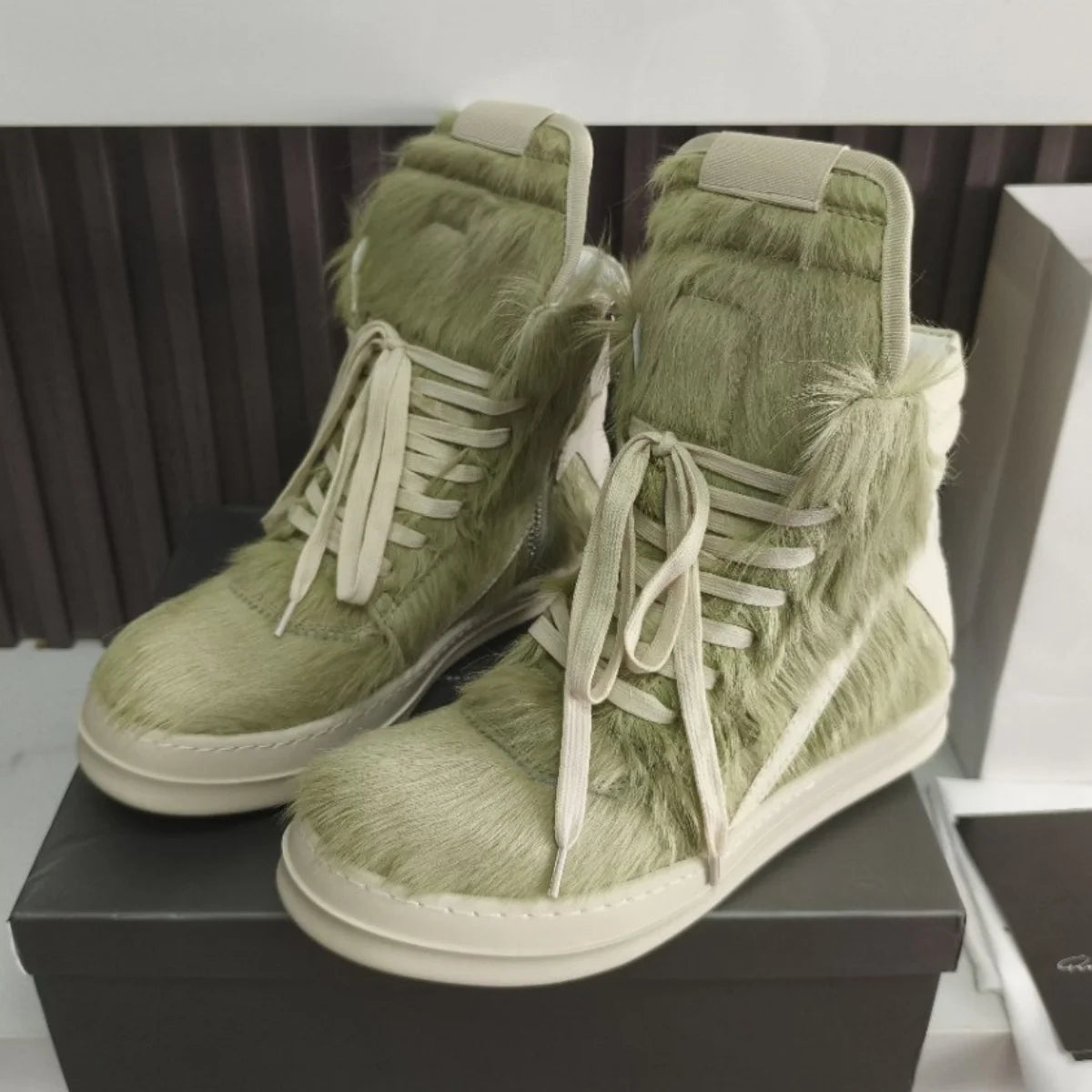R-o Men Ankle Boot Brand Shoe Gray Green Horse Hair Boots Women Flat Sneaker High Top Casual Shoes Green Horsehair Sneakers
