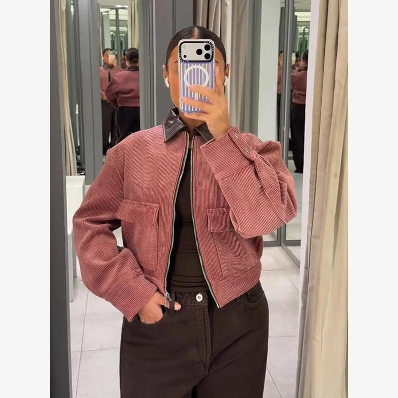 Women Pu Leather Collar Pink Cropped Jacket Corduroy Fashion Long Sleeve Zipper Coat 2026 New Lady Spring Chic Street Outwear