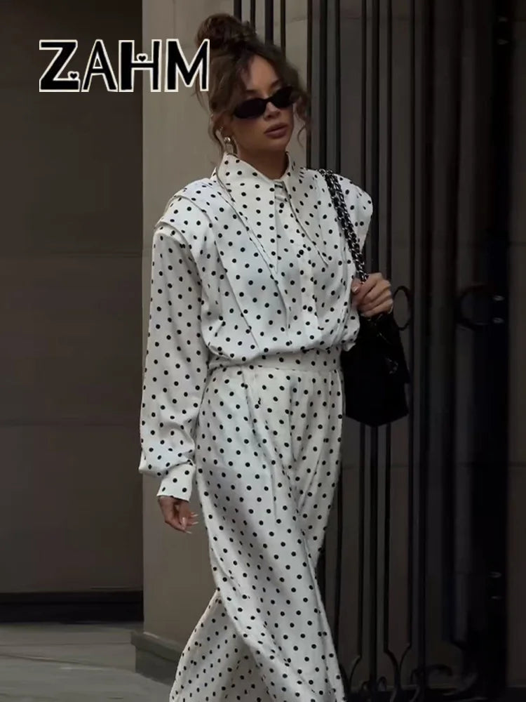 Elegant Dot Shirt Pants Women Set Casual Lapel Button Pleated Blouse Wide Leg Trousers 2026 Spring Summer Chic Lady Outfit New
