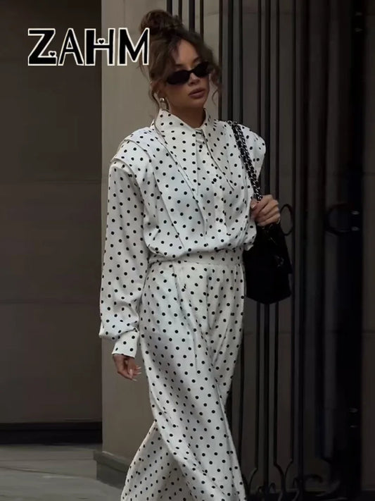 Elegant Dot Shirt Pants Women Set Casual Lapel Button Pleated Blouse Wide Leg Trousers 2026 Spring Summer Chic Lady Outfit New