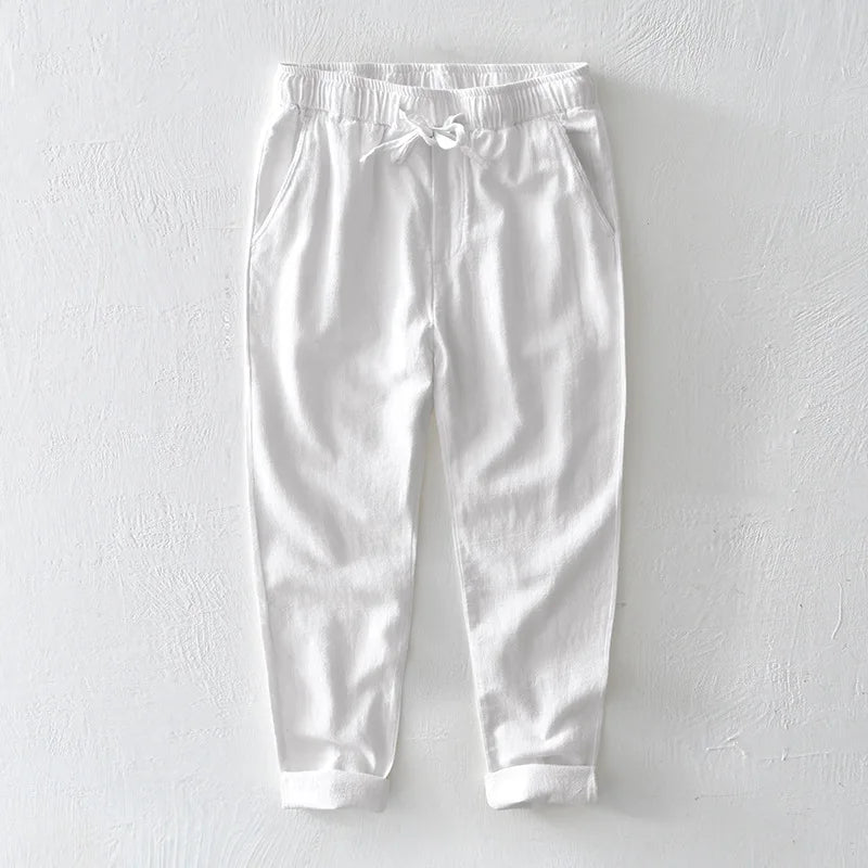 70% Linen,30% Cotton Men's Drawstring Elastic Waist Casual Pants, Straight Loose Ramie Trousers, Camping Fishing Comfortable