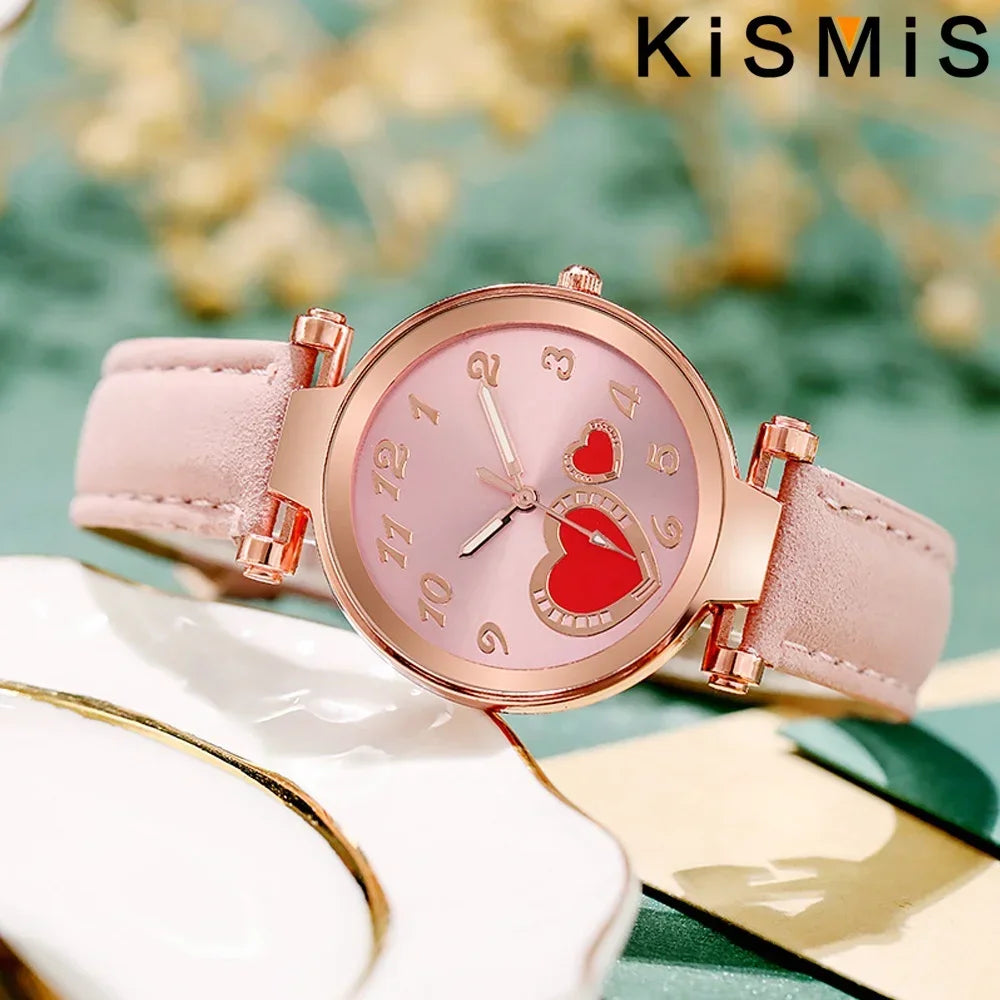 Women Fashion Watch Peach Heart Quartz Watch for Women Frosted Leather Strap Ladies Wristwatch Casual Dress Watch Gift for Her