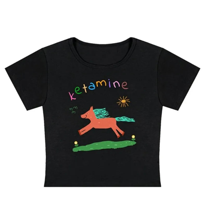 Summer new casual short-sleeve cute pony print Slim Blouse t-shirt kawaii crop top baby tee shirt vintage y2k clothes streetwear
