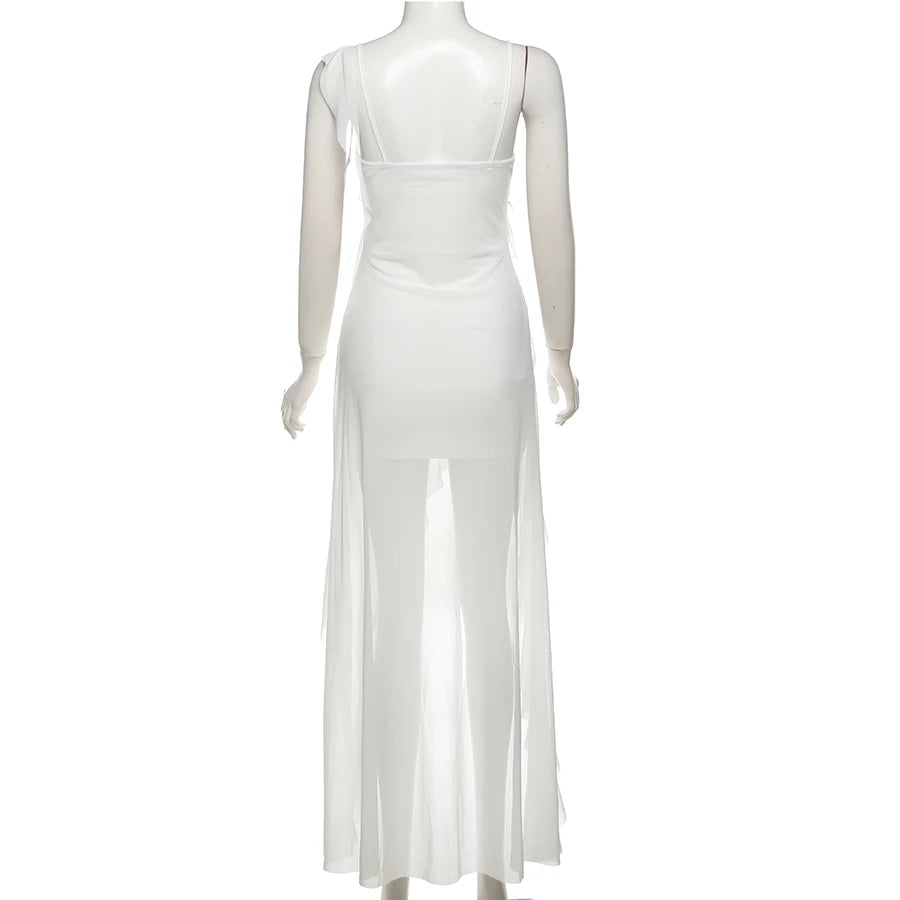 Sylcue White Sweet Gentle Mature Sexy Beautiful Summer Street Out Women'S Thin Perspective Tassel Design Long Sling Dress