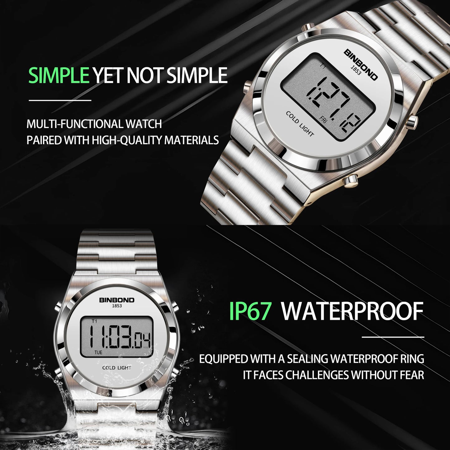 BINBOND New Men Electron Watch Luxury Stainless Steel LED Digital Waterproof Men Wristwatch Luminous Sports Clock Reloj Hombre