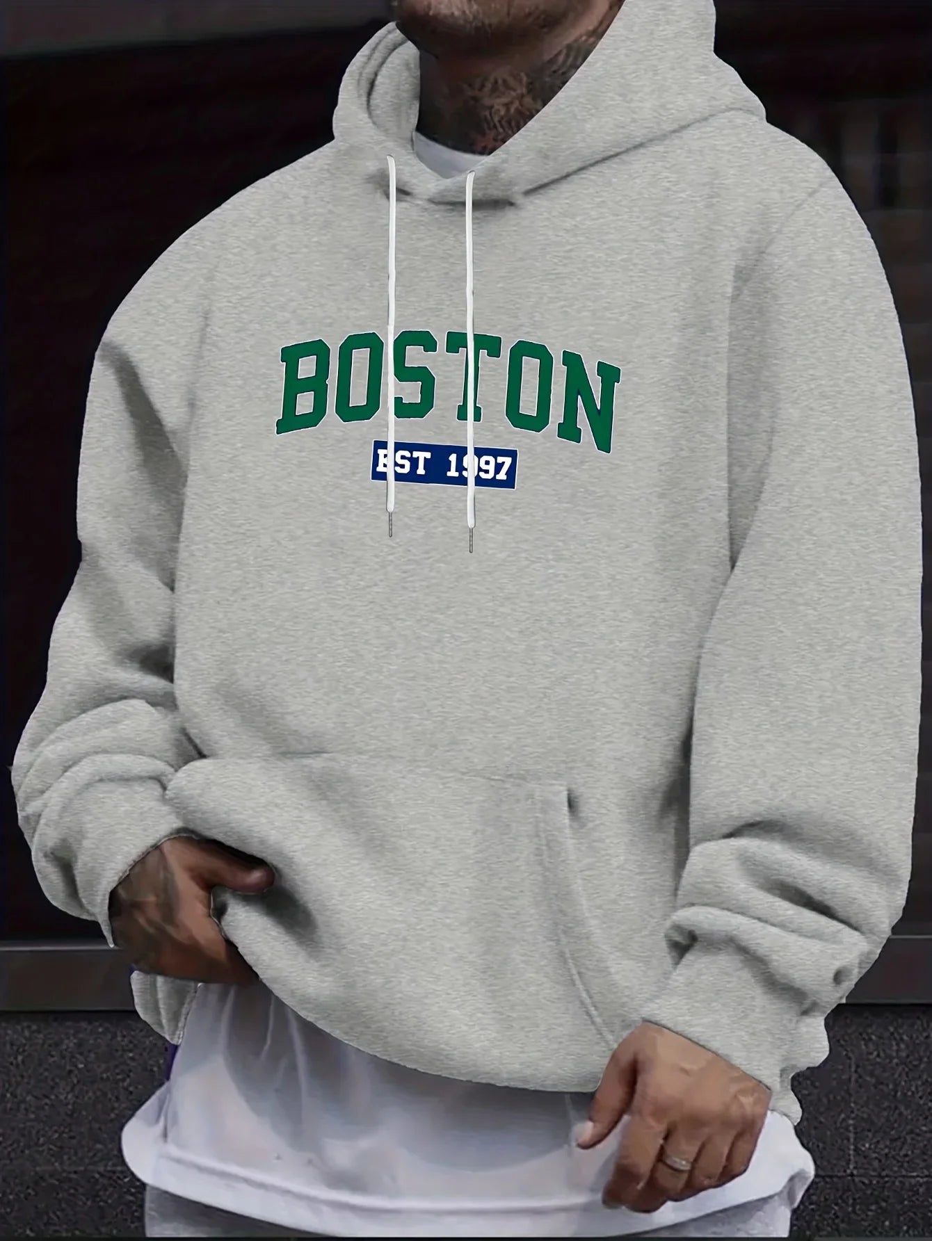 Men's autumn and winter casual fashion loose Boston est 1997 letter printed long sleeved warm hooded pullover