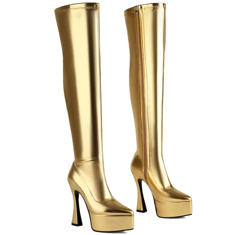 SGESVIER Super Thin High Heels Over-the-knee Boots for Women Chunky Golden Platform Shoes Pointed Toe Size 48 Trendy Party Boots