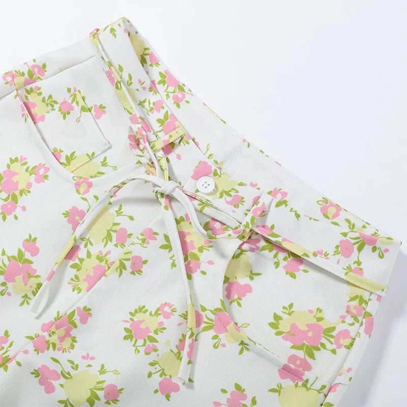 Floral Printed Women Long Pants Set Elegant Sleeveless Backless Vest Wide Leg Trousers Chic Holiday Vacation Lady Summer Outfits