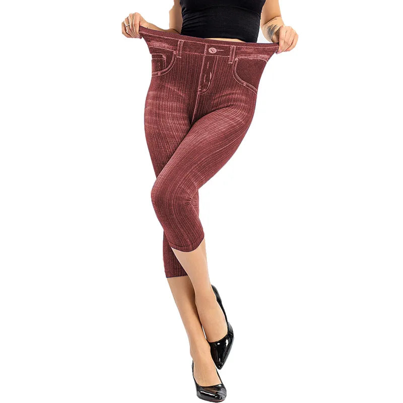 1pcs Womens Denim Print Leggings Female Fashion Slim Leggings Faux Jeans Leggings Lady Stretch Printed Leggins Pants Capri Pants