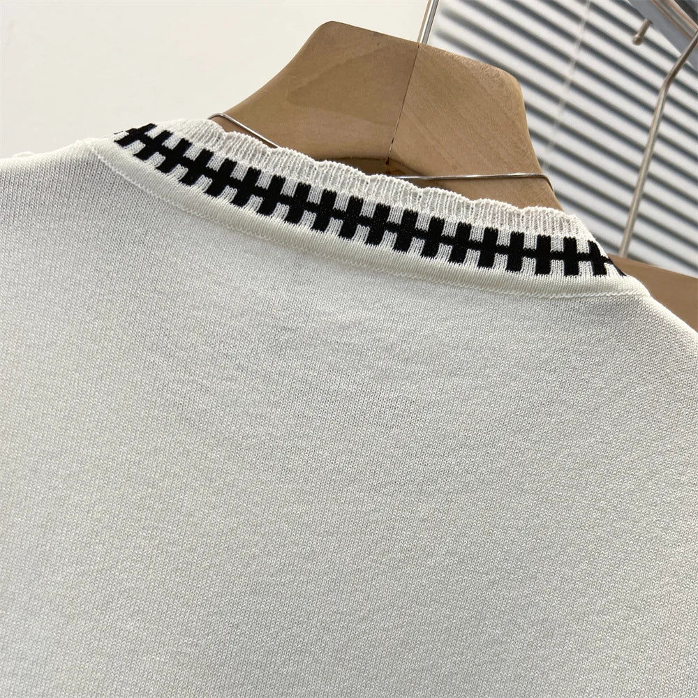 2024 Summer Stylish Sweater For Women Knit Pullover T-shirts Short Sleeve Color-blocked Fashion Elegant Ladies Knitwear Tops