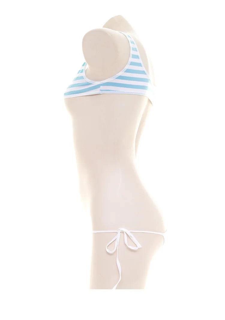 Sexy Japanese Style  Blue White Stripe Bikini Swimsuit Striped Halter Micro Bikini Set Love Female StudenLolita Kawaii Swimsuit