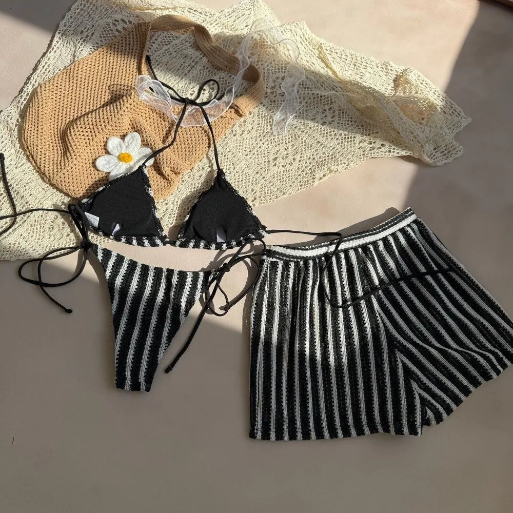 Casual Stripes 3 in 1 Swimwear Set Sleeveless Slim Fit Bikini Bathing Suit Lace Up Deep-V Knitting Swimsuit Beach