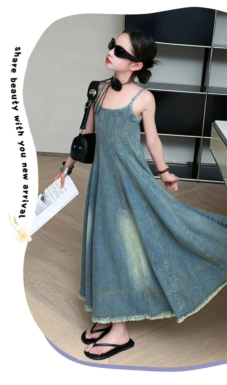 Kids Luxury Clothing Summer Denim Dress with Straps for Teenage Girls High Fashion Streetwear Outfit Children Casual Jeans Dress