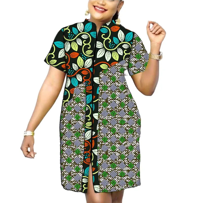 Original Design African Print Women’s Dress Stand Collar Frock Tailored Traditional Party Wear Retro Patchwork Designs
