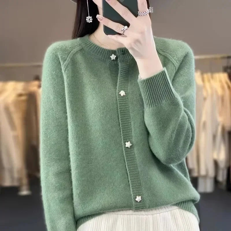 New Women Cardigan Sweater Autumn/Winter Round Neck Star Button Solid Knit Bottoming Shirt Jacket Quality Knitwear Female Tops