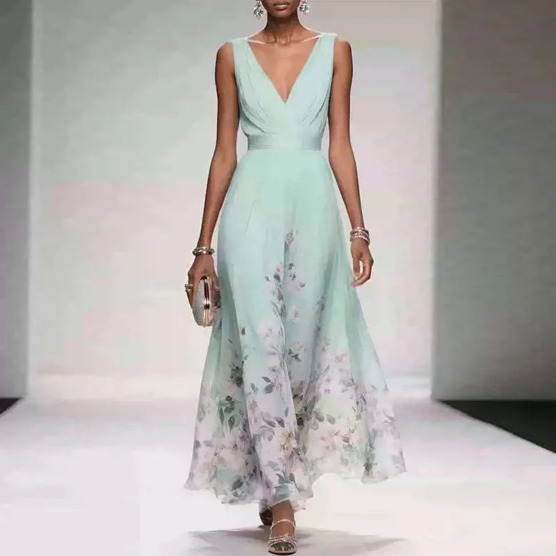 New Fashion Party Dresses Summer Women's Sexy Deep V Neck Floral Print Ruffle Sleeveless High Waist A Line Beach Dress Vestidos