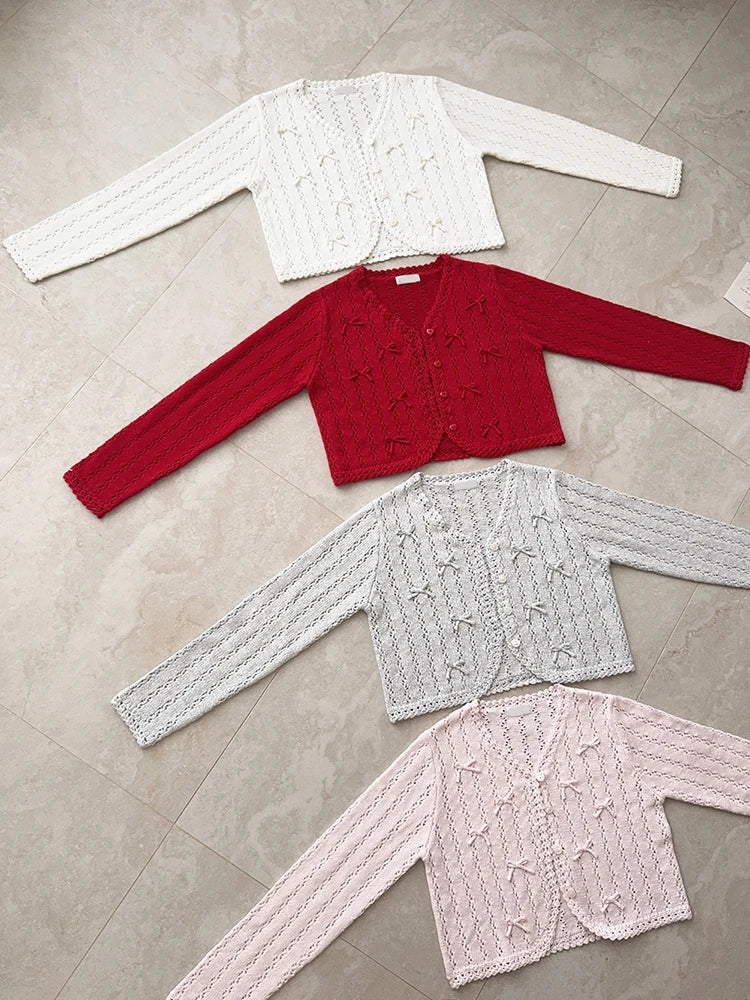 Sweet Knitted Cardigans Women Hand Crochet Bows Decoration Heart Hollow Out Sweaters for Kawaii Girls